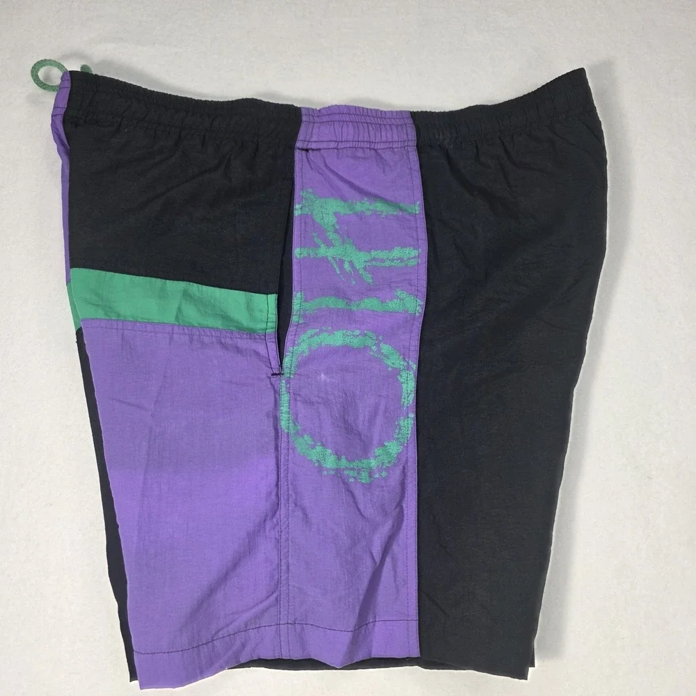 Vintage 1980's Mens Hang Ten Purple‎ Green Black Colorblock Trunks Size L